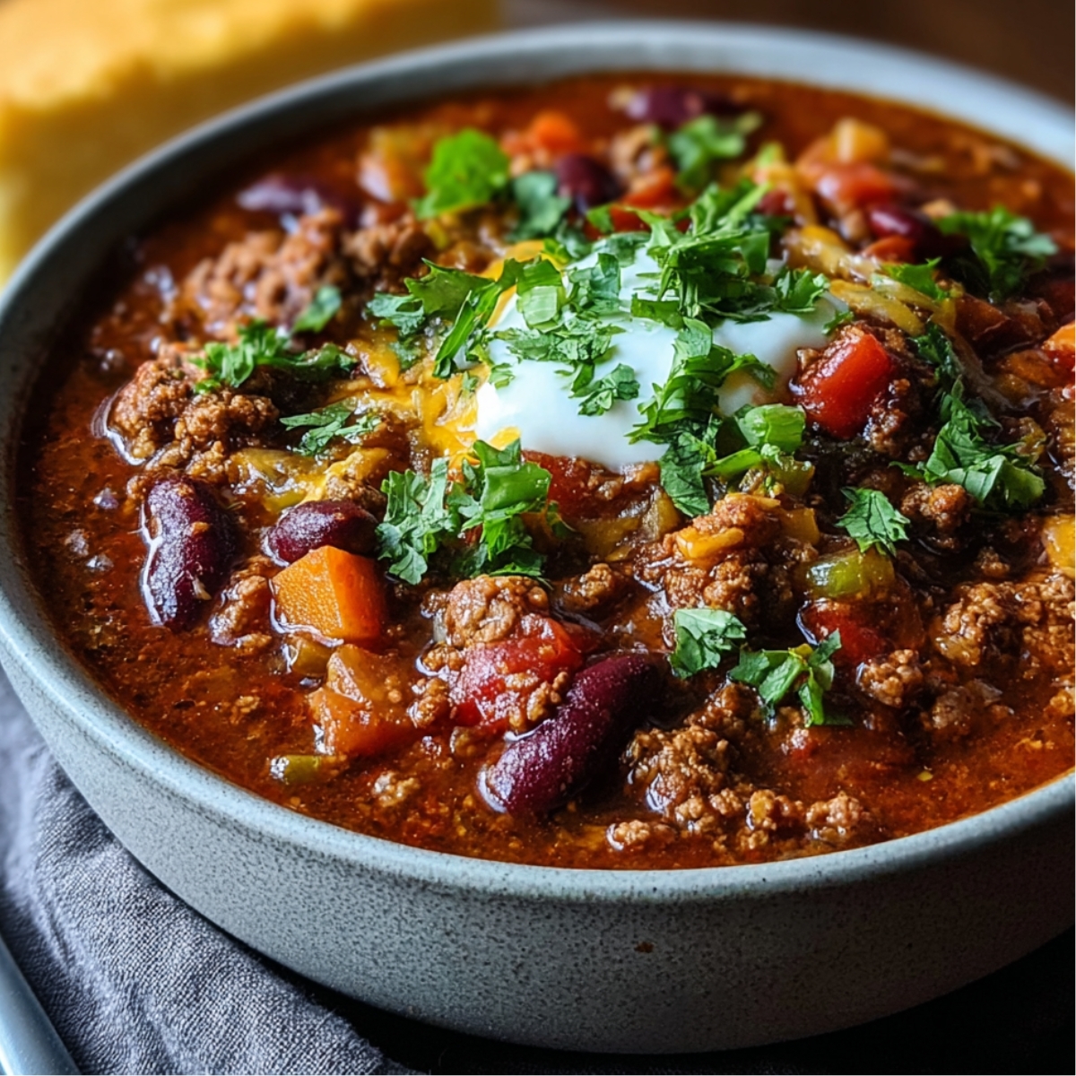 hearty bowl of cowboy chili recipe with ground beef, kidney beans, carrots, and tomatoes, topped with a dollop of sour cream, shredded cheese, and chopped cilantro. A piece of cornbread is visible in the background.