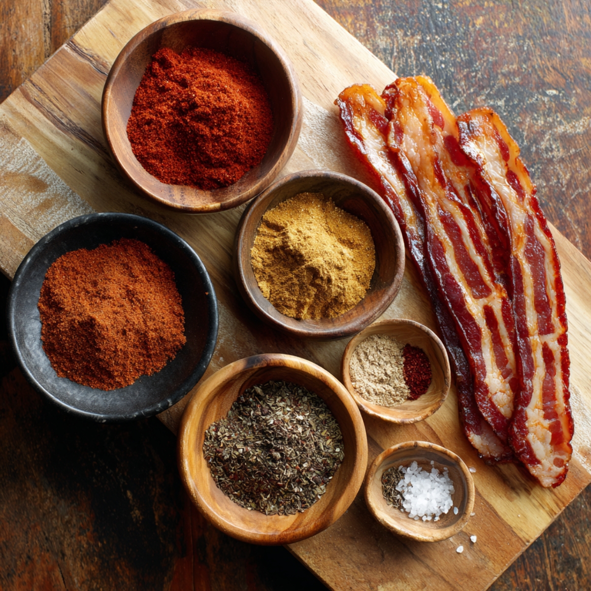 selection of spices, including paprika, cumin, and dried oregano, along with strips of bacon, arranged on a wooden surface.