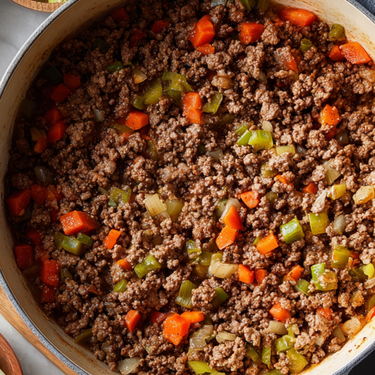 Ground beef, onions, and carrots sautéing together in a large pot, creating the base for a savory dish.