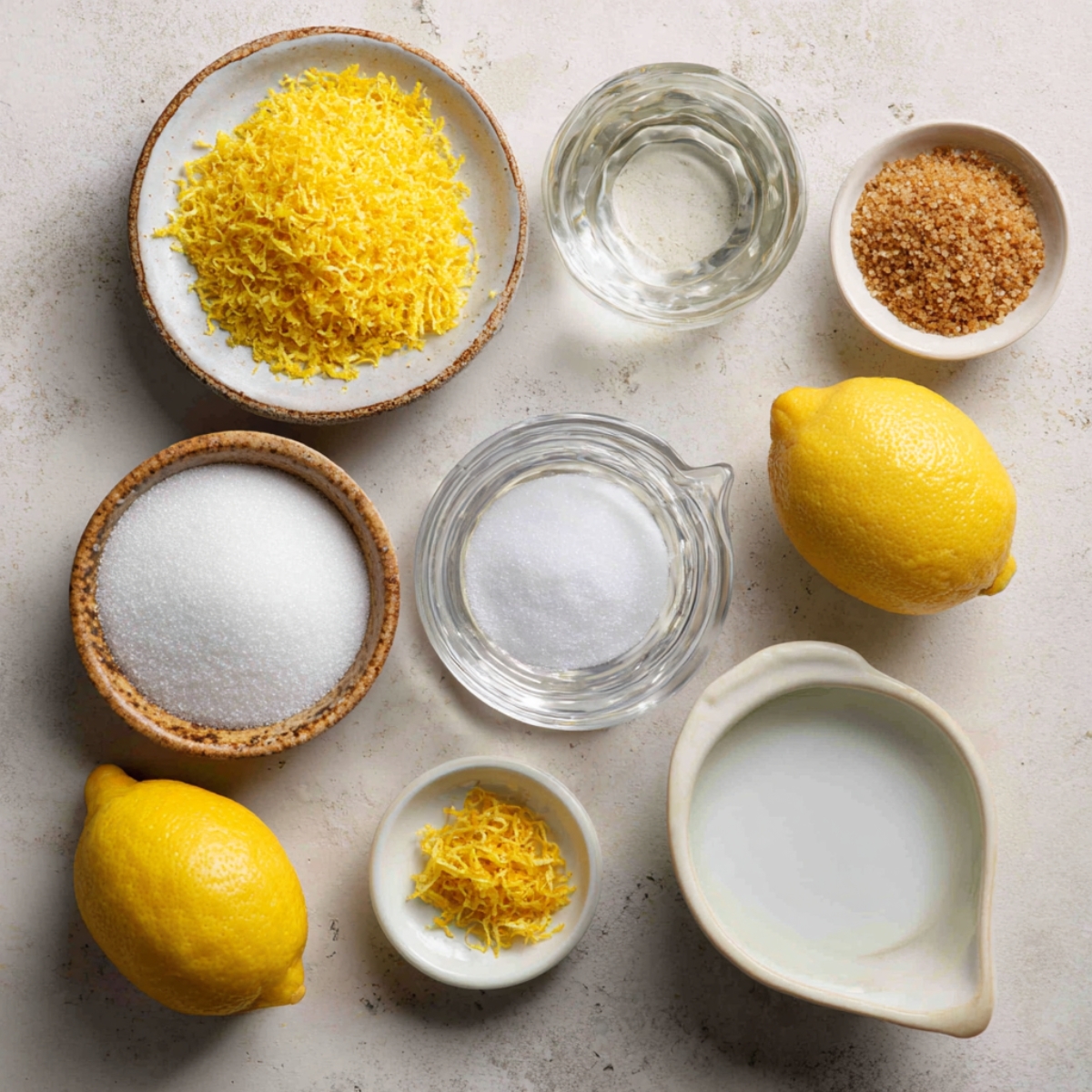 Various ingredients for a lemon recipe, including lemon zest, sugar, water, salt, and more lemons on a light-colored surface