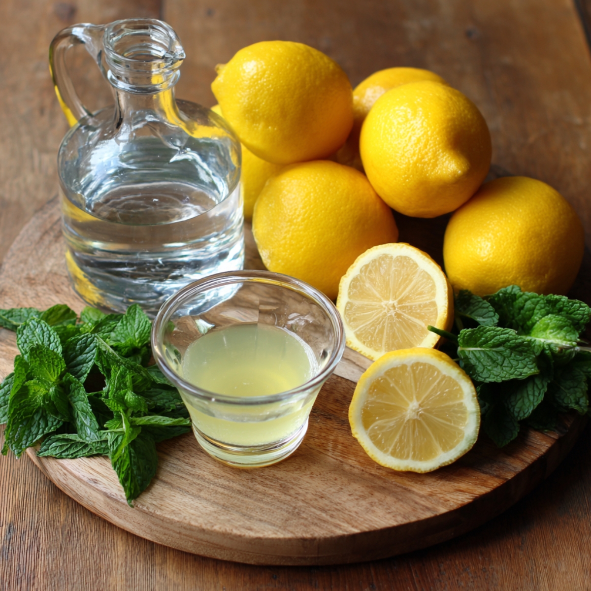 collection of whole lemons, a small glass of lemon juice, and fresh mint leaves arranged on a wooden surface.