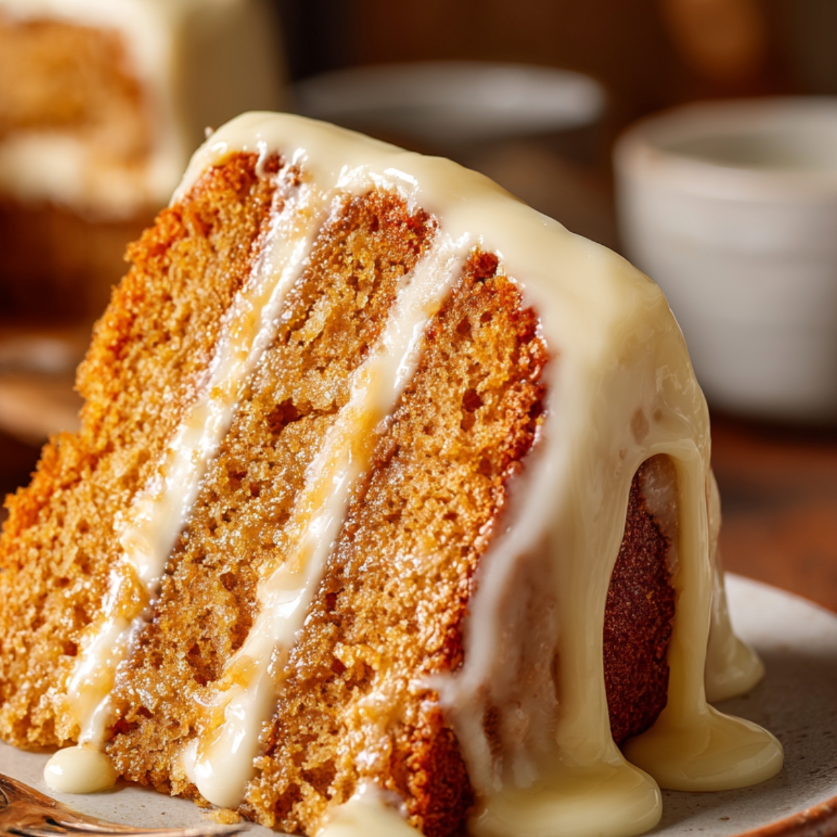 slice of bundt mostachon cake recipe topped with a creamy white glaze, with the cake’s fluffy texture visible inside