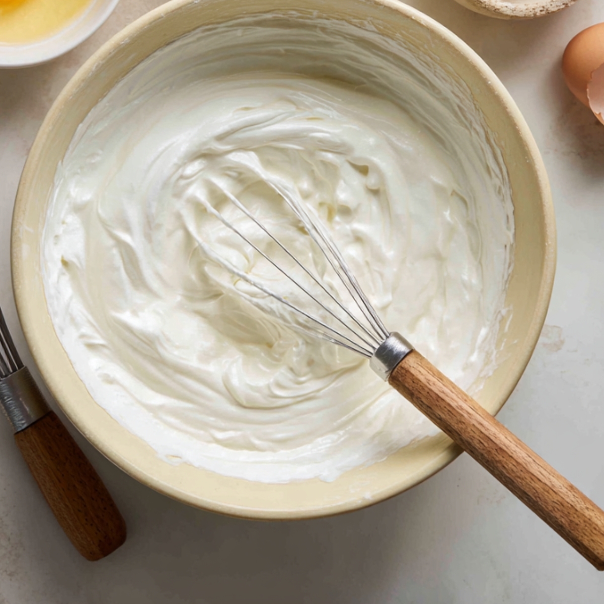 bowl containing a creamy mixture, possibly whipped cream or a similar dairy-based ingredient, with a metal whisk inside. There are eggs and other baking ingredients around the bowl
