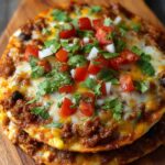 pizza with a layer of Mexican pizza recipe , melted cheese, and topped with fresh diced tomatoes, onions, and cilantro.
