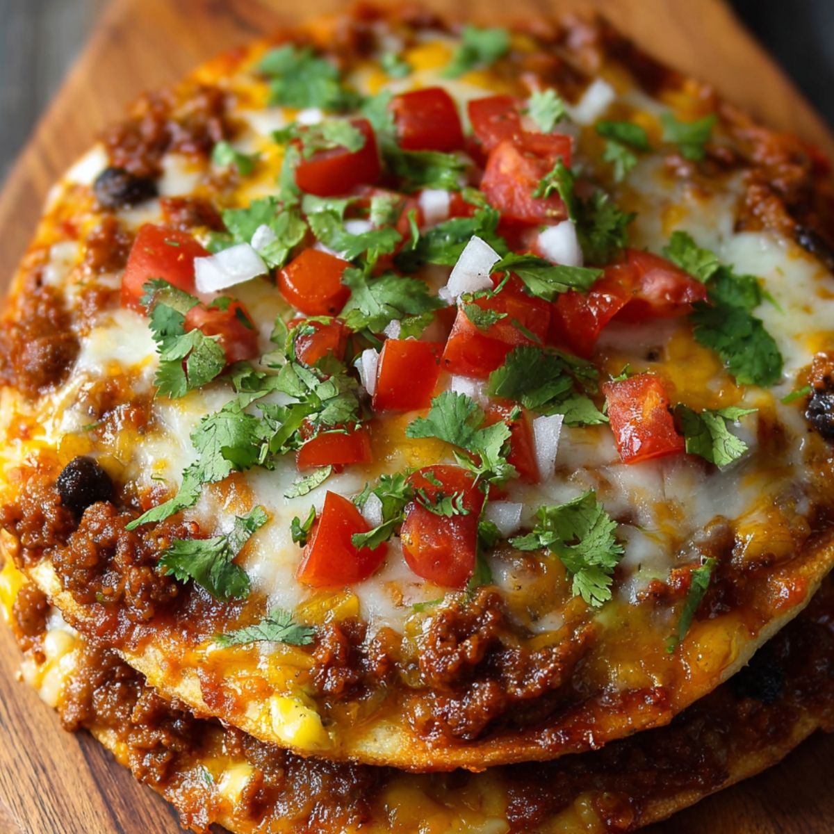 pizza with a layer of Mexican pizza recipe , melted cheese, and topped with fresh diced tomatoes, onions, and cilantro.