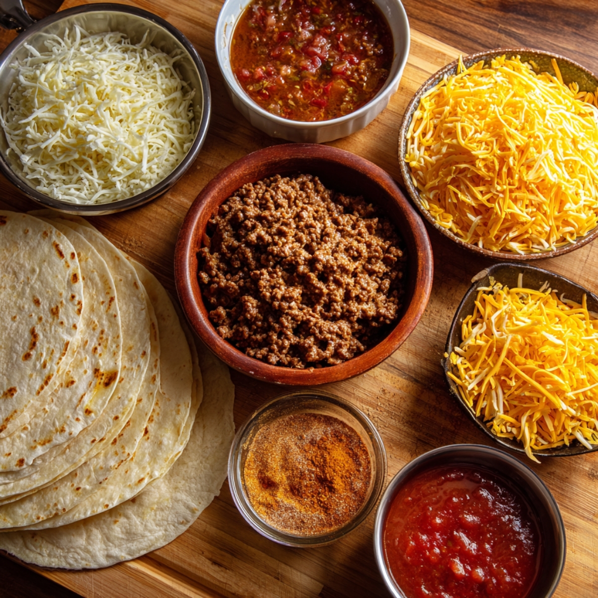 wooden surface filled with various ingredients for a meal, including shredded cheese, ground beef, tortillas, salsa, and seasonings, all arranged in bowls