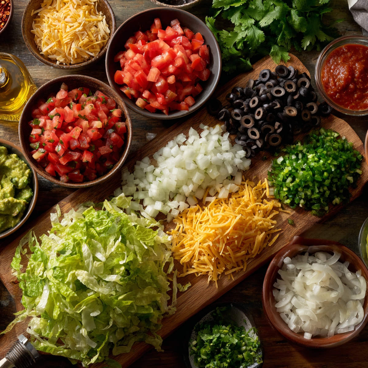 wooden cutting board with an assortment of fresh ingredients, including shredded lettuce, diced tomatoes, onions, olives, and cilantro, along with bowls of salsa, guacamole, and shredded cheese