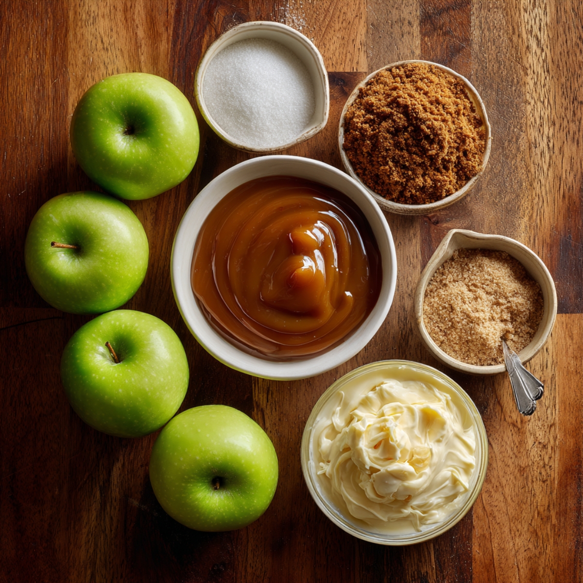 variety of ingredients laid out on a wooden surface, including three green apples, bowls of white sugar, brown sugar, caramel sauce, and a bowl of butter. The ingredients suggest preparations for a dessert
