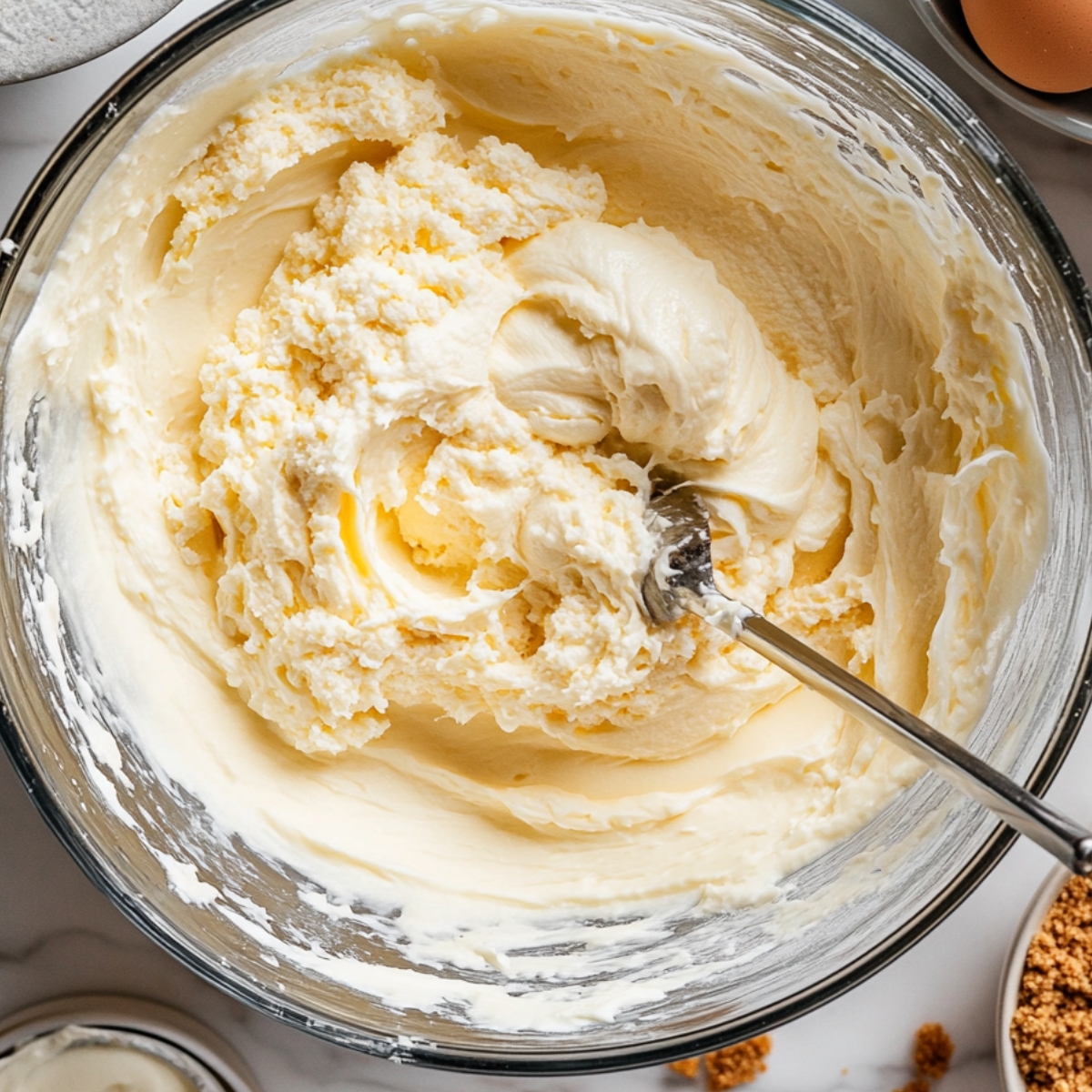 glass bowl filled with fluffy whipped cream or frosting, with a spoon stirring the mixture. The whipped cream appears light and airy, likely part of a dessert preparation