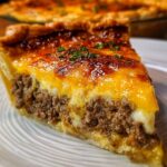 close-up of a slice of cheeseburger pie , showing a golden-brown crust and a filling of ground beef and cheese, with a layer of melted cheese on top.