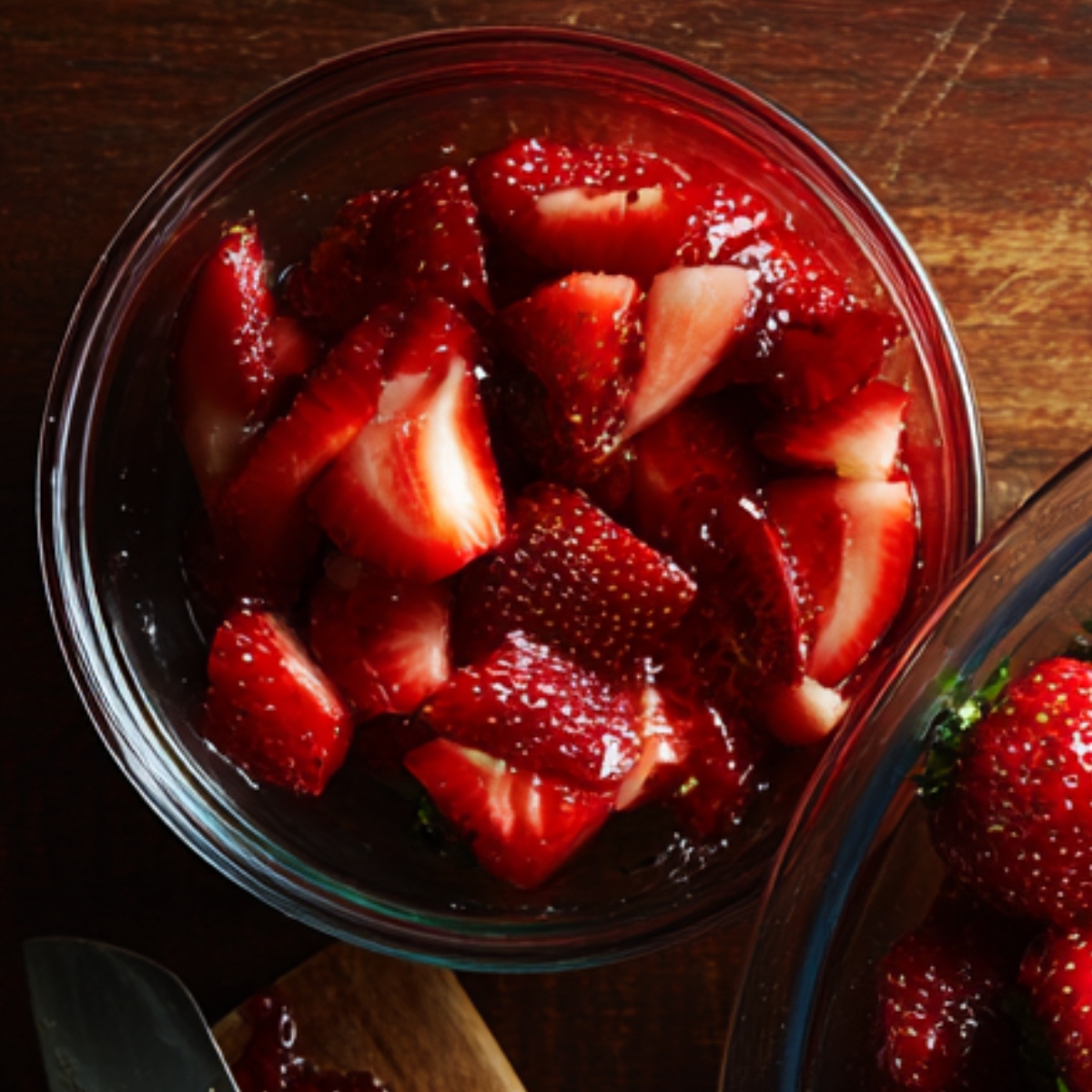 bowl of sliced fresh strawberries in a mixing bowl, likely prepared for a recipe. There’s also a wooden knife and cutting board visible in the image.