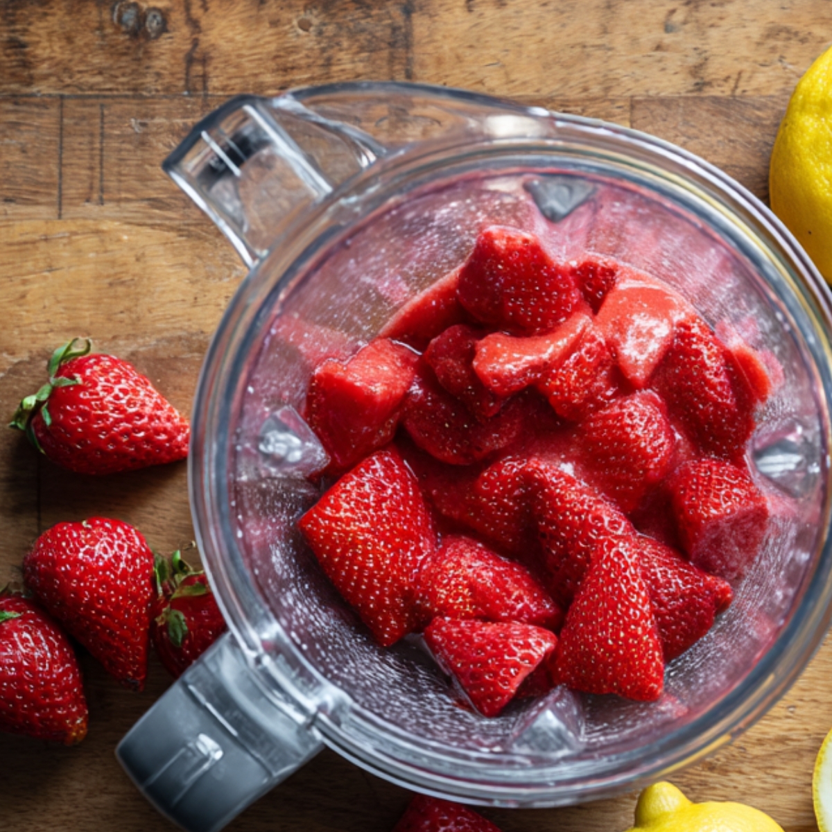 blender filled with large chunks of fresh strawberries, ready to be blended. Several whole strawberries are visible around the blender, and a lemon is placed beside it.