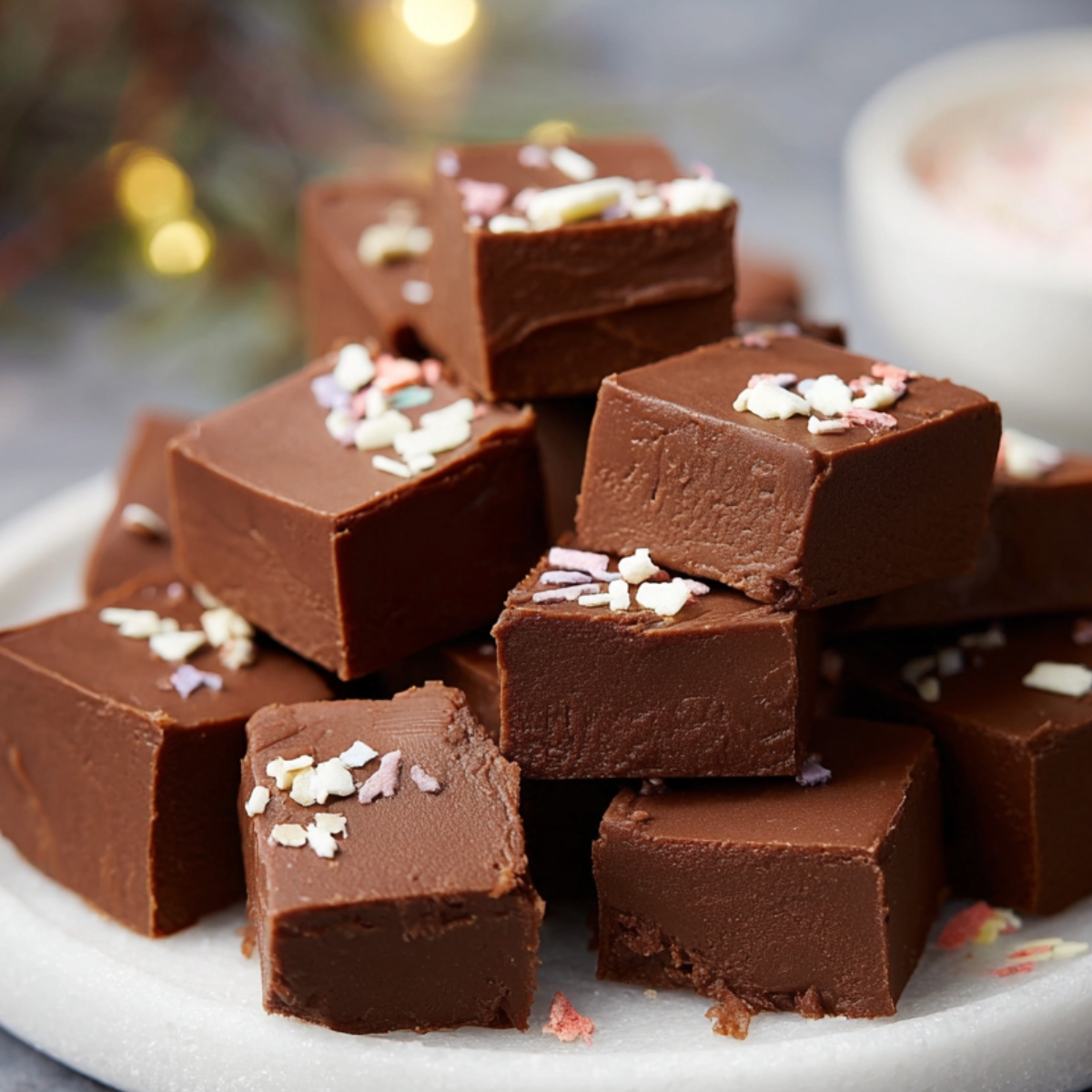 close-up shot of microwave fudge recipe quares arranged in a stack on a plate, topped with colorful, confetti-like sprinkles. The fudge appears smooth and rich, with a soft texture.