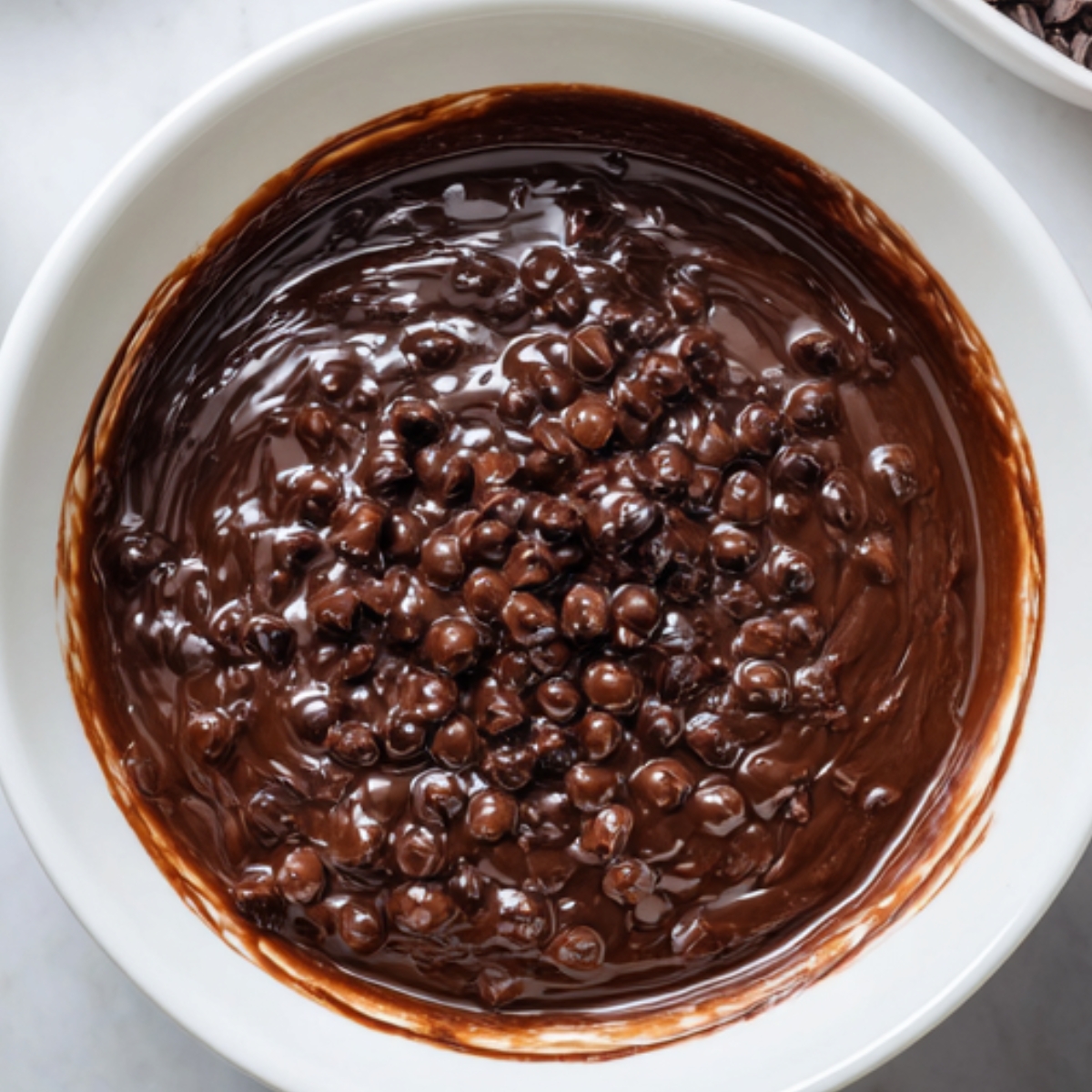 bowl filled with melted chocolate, whisked to a smooth consistency. The dark chocolate appears glossy and rich, likely prepared for a dessert.