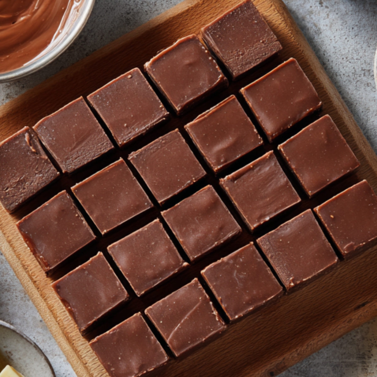 neatly arranged grid of chocolate fudge squares on a wooden board. The fudge pieces are perfectly cut, with a glossy finish and uniform size, suggesting a homemade treat.