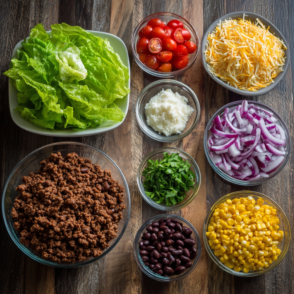 A selection of salad ingredients including chopped lettuce, grape tomatoes, shredded cheese, ground beef with beans, cilantro, red onions, corn, and a bowl of black beans