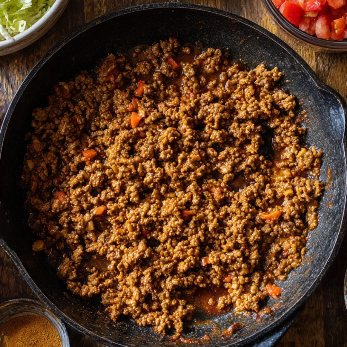 A pan with browned ground beef mixed with seasoning, diced tomatoes, and spices, surrounded by bowls of chopped vegetables.