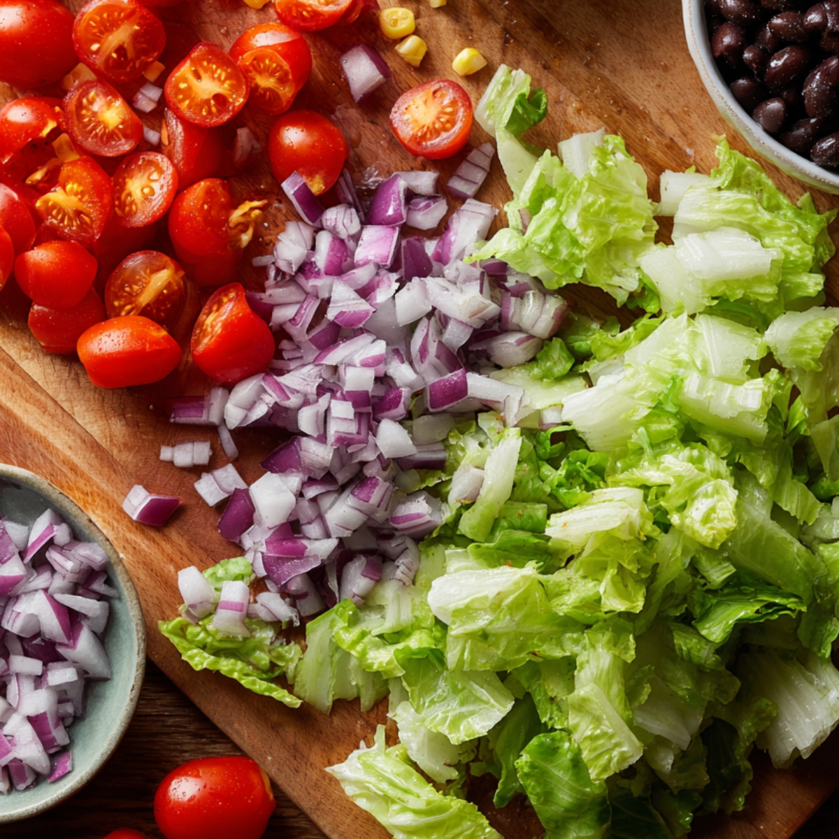 "Chopped tomatoes, red onions, lettuce, and corn scattered across a wooden cutting board with a bowl of black beans in the background
