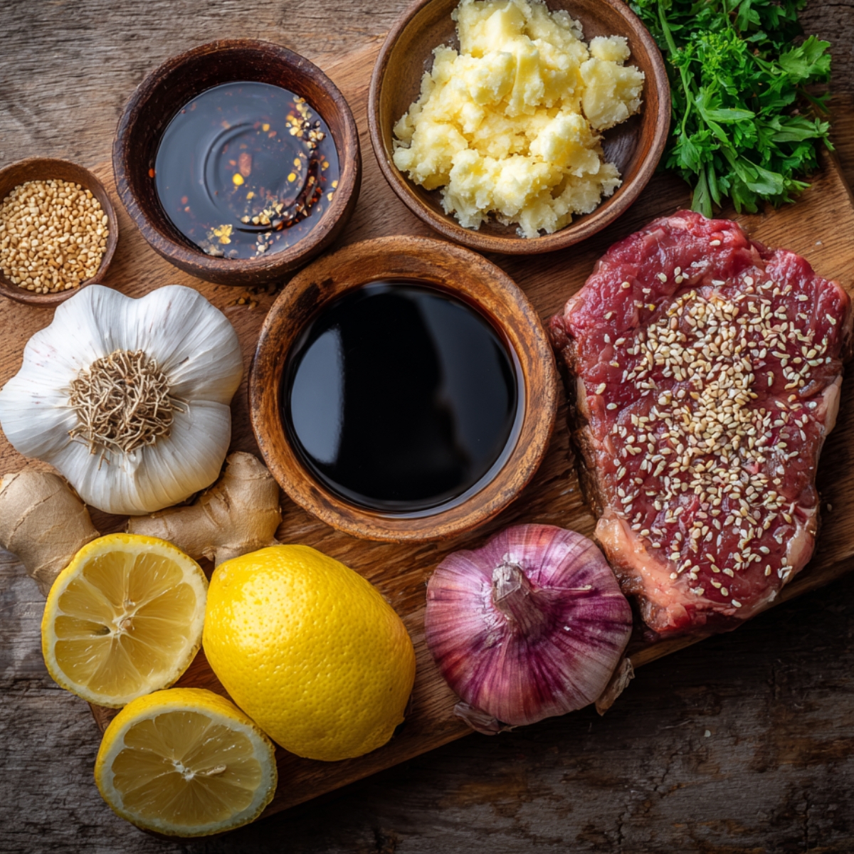 A wooden board filled with ingredients for a savory meal. There's a raw steak topped with sesame seeds, fresh garlic, ginger, shallots, and lemons. Small bowls contain soy sauce, honey, and mashed butter. The background includes a sprinkle of sesame seeds and fresh parsley