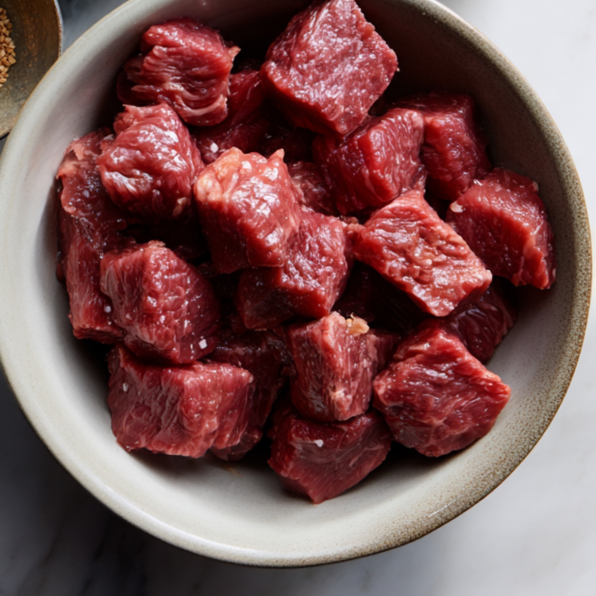 A bowl of diced raw beef, ready to be cooked, placed on a flat surface. The beef is surrounded by seasoning ingredients, including sesame seeds.