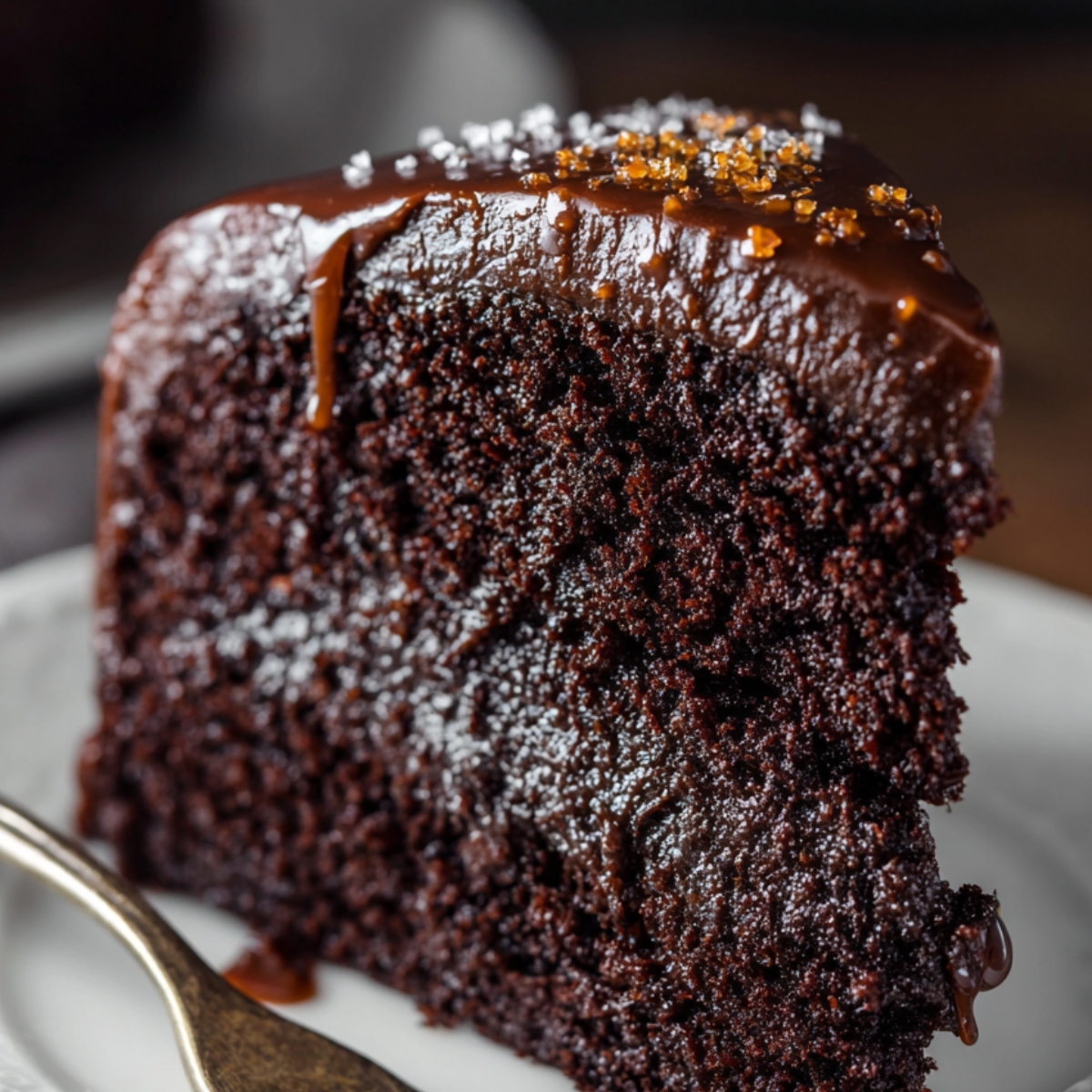 A close-up of a slice of rich, moistchocolate cake recipe topped with glossy chocolate ganache and a sprinkle of sea salt, placed on a white plate with a fork resting nearby.