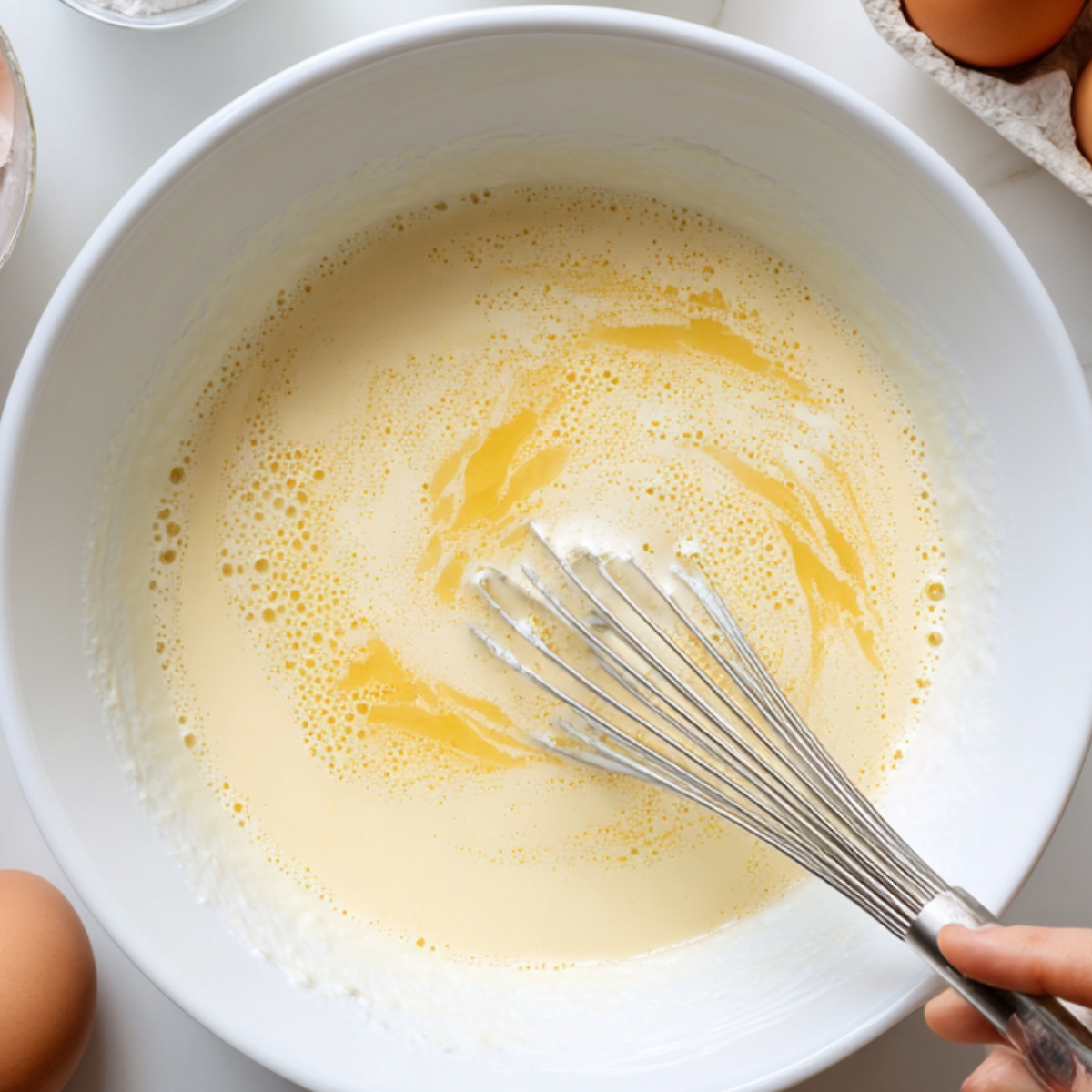 : A close-up of a creamy mixture of milk, eggs, and butter being whisked together in a white bowl, with eggs placed nearby on the countertop.