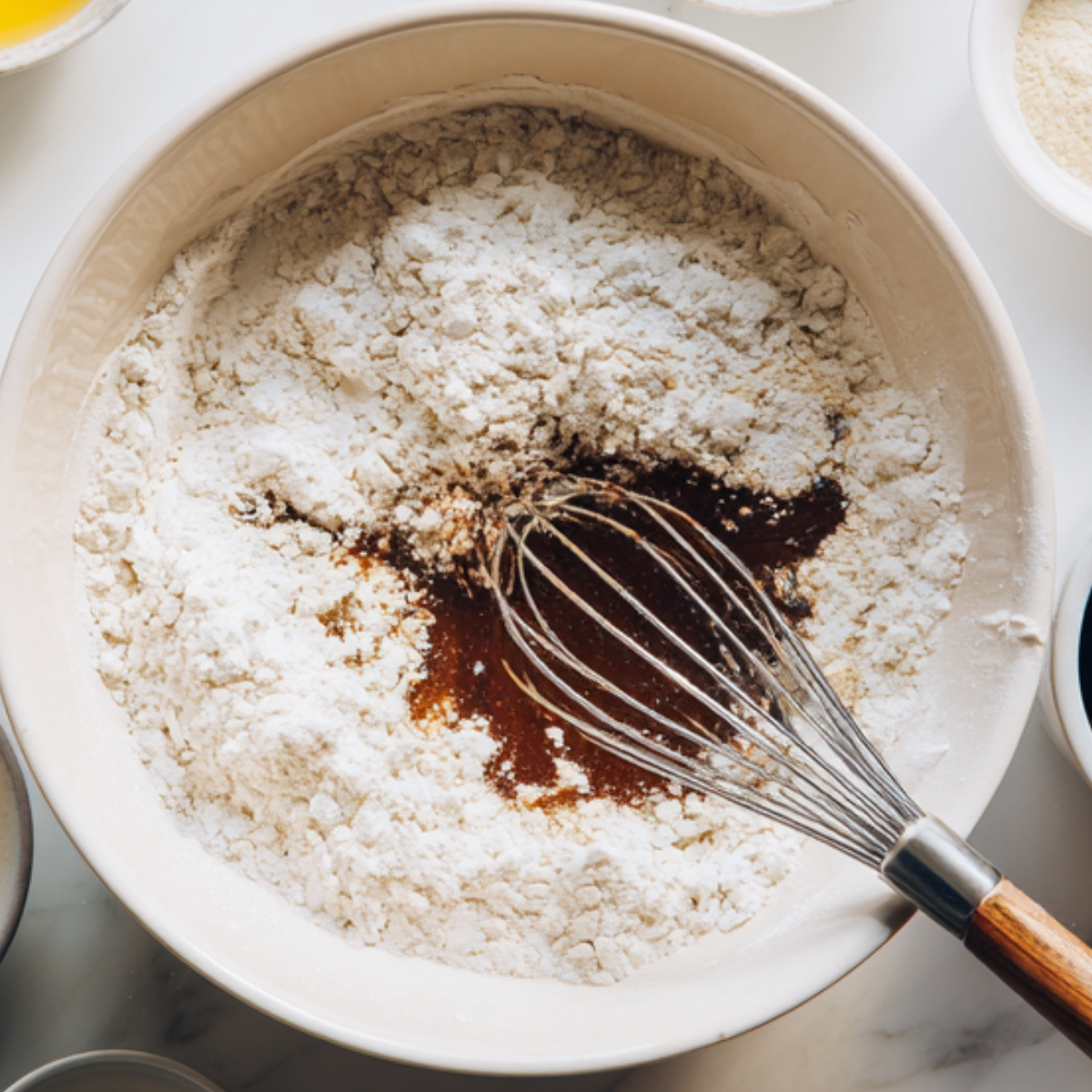 A bowl of dry flour ingredients with a whisk inserted, mixing in a dark brown liquid, likely vanilla extract, with other baking components visible around the bowl.