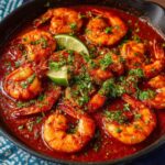 Close-up of Camarones a la diabla in a rich red chile-tomato sauce in a cast-iron skillet, topped with chopped cilantro and lime wedges.”