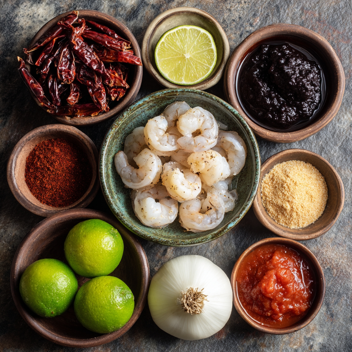 Overhead view of shrimp cooking in a thick red sauce with fresh cilantro, tomato paste, and spices in a pan