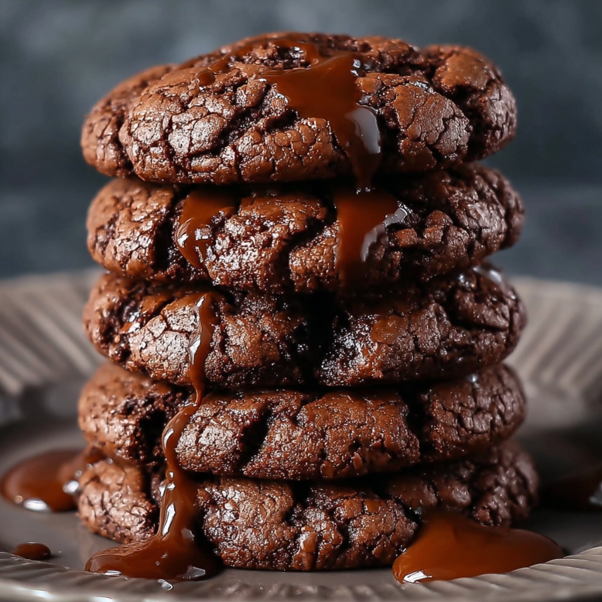 Stack of rich double Chocolate Brownie Cookies drizzled with melted chocolate, glossy and gooey on a plate.”