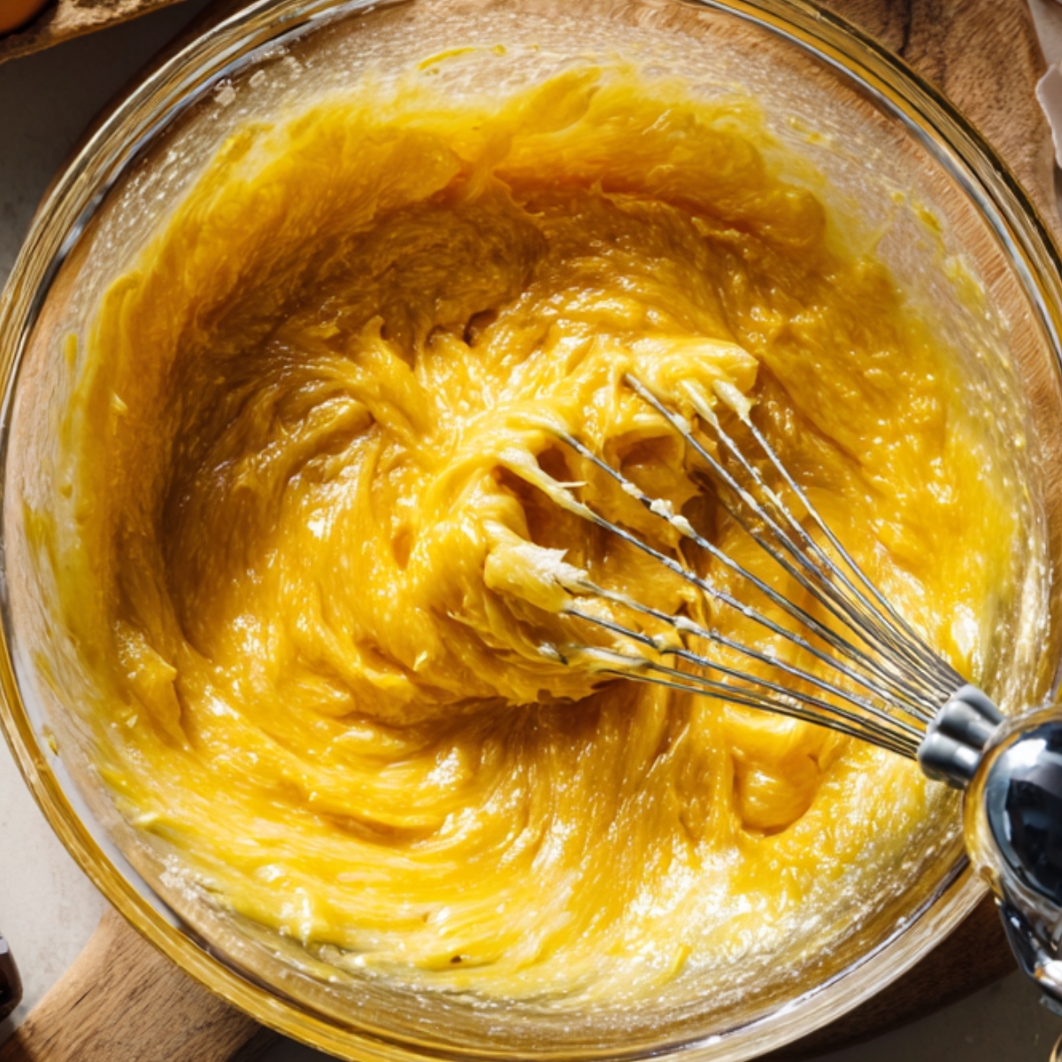 “Glass bowl containing a thick yellow batter being whisked until smooth and creamy under warm light