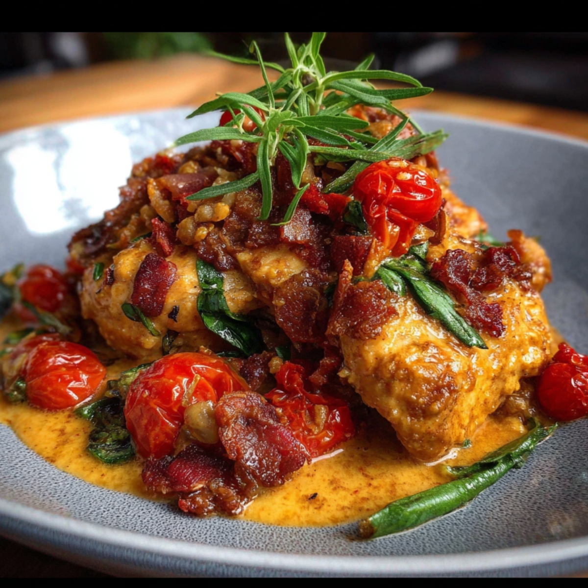 Plated Marry Me Chicken recipe topped with crispy bacon, cherry tomatoes, wilted spinach, and fresh rosemary garnish in a shallow gray dish
