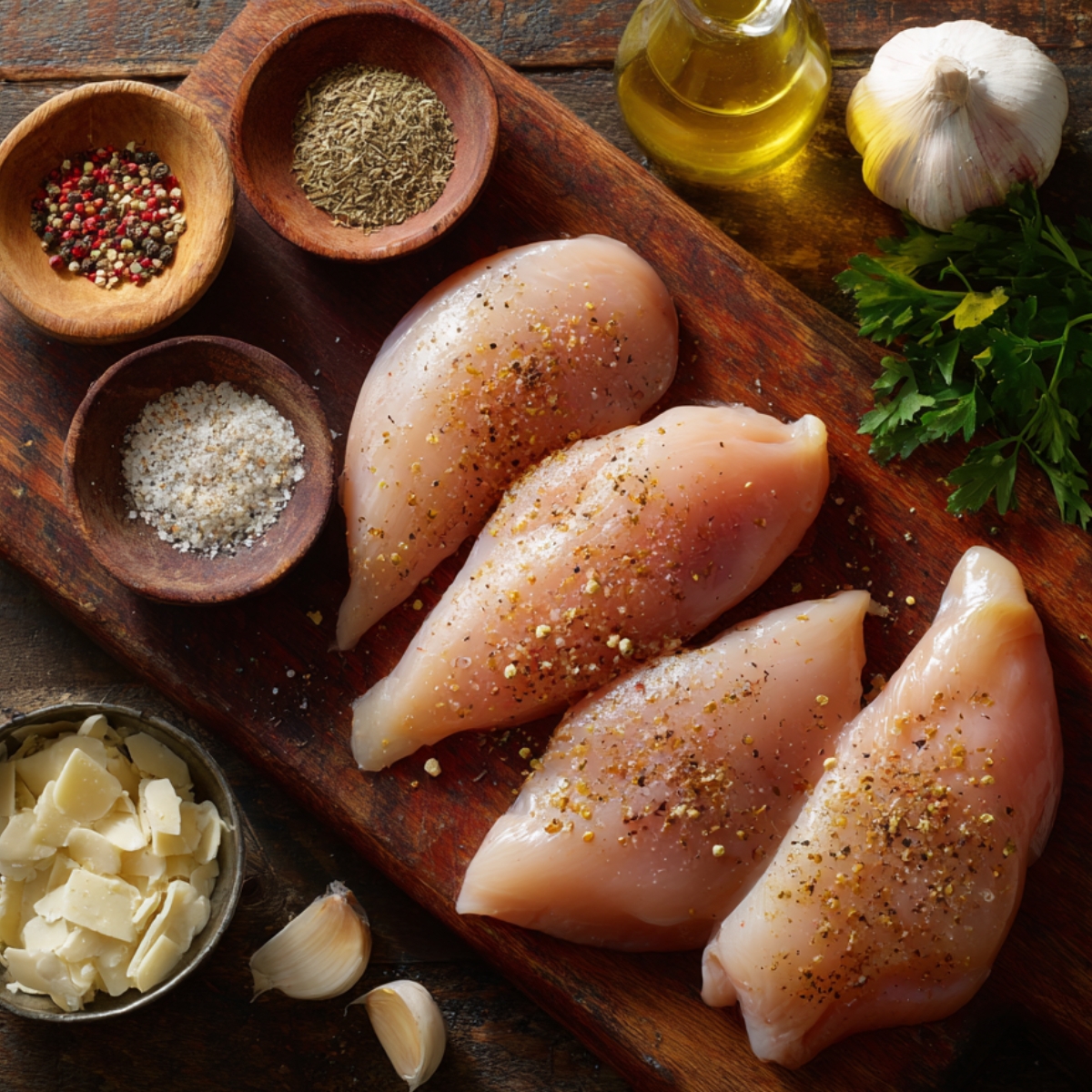 Raw chicken breasts on a wooden cutting board seasoned with salt, pepper, herbs, and olive oil, surrounded by garlic and parmesan
