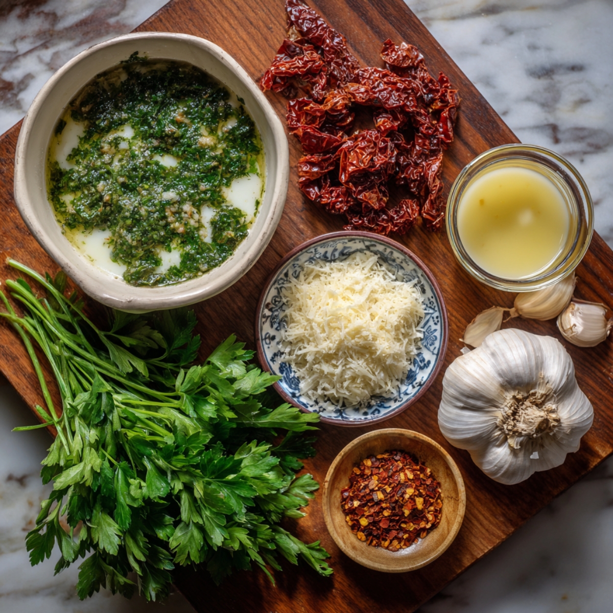 Overhead shot of ingredients for creamy sun-dried tomato sauce — parsley, garlic, parmesan, sun-dried tomatoes, broth, pesto, and red pepper flakes.