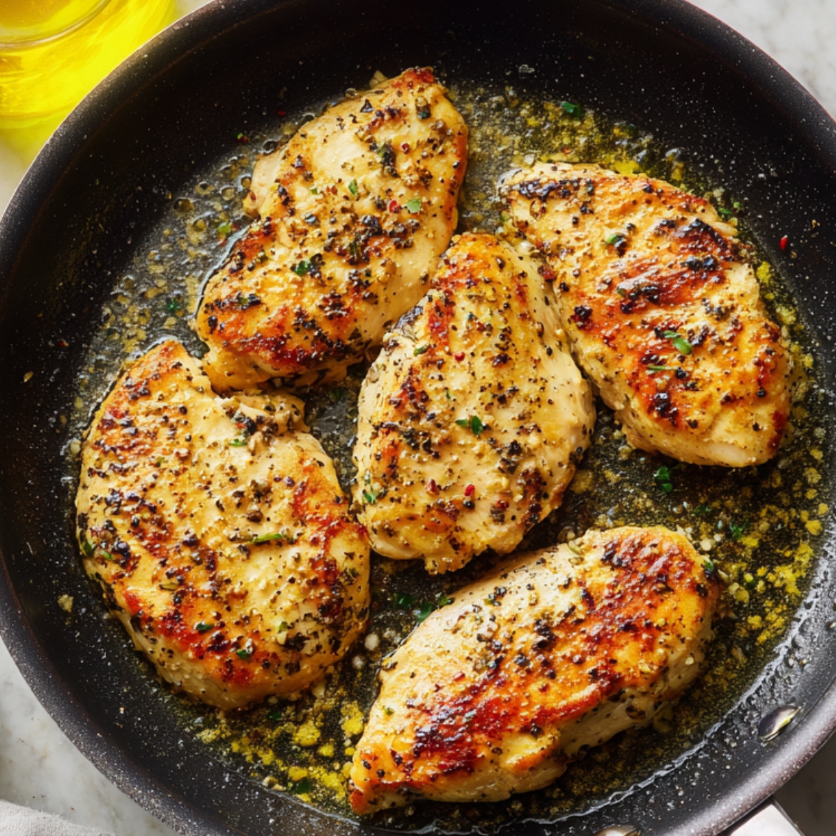Golden seared chicken breasts sizzling in olive oil and black pepper, developing a crispy, caramelized crust