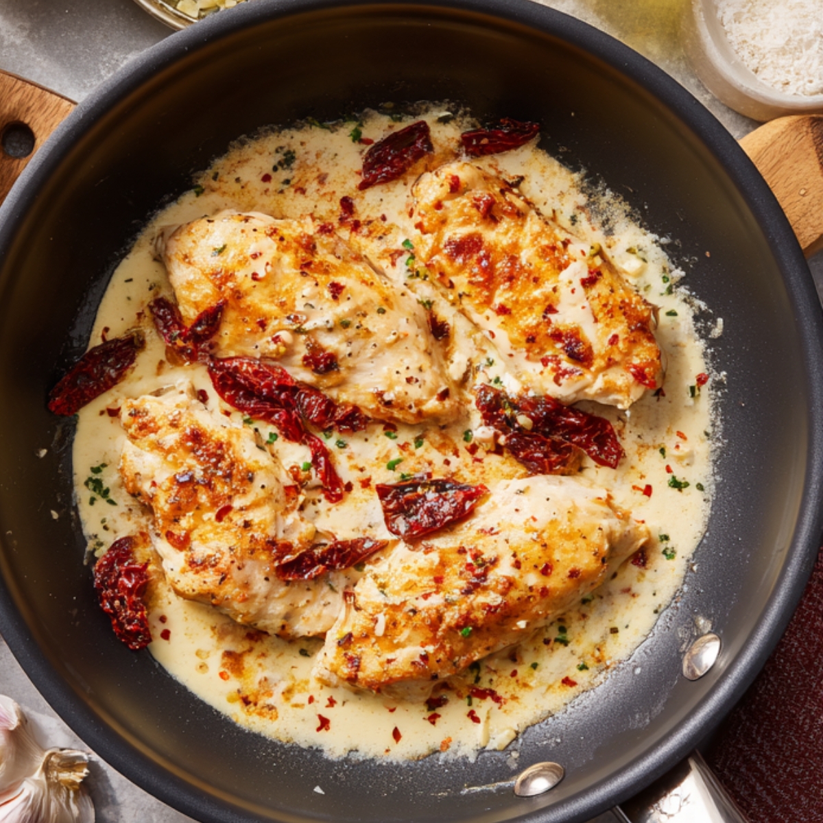 “Creamy garlic chicken breasts in a skillet with sun-dried tomatoes, red pepper flakes, and a rich parmesan sauce.”