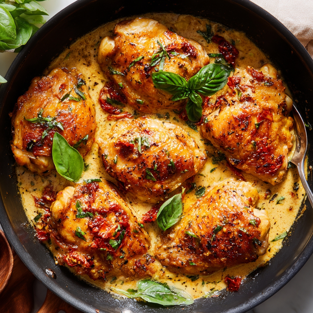 “Creamy Tuscan chicken simmering in a skillet with golden brown chicken thighs, sun-dried tomatoes, and fresh basil leaves on top
