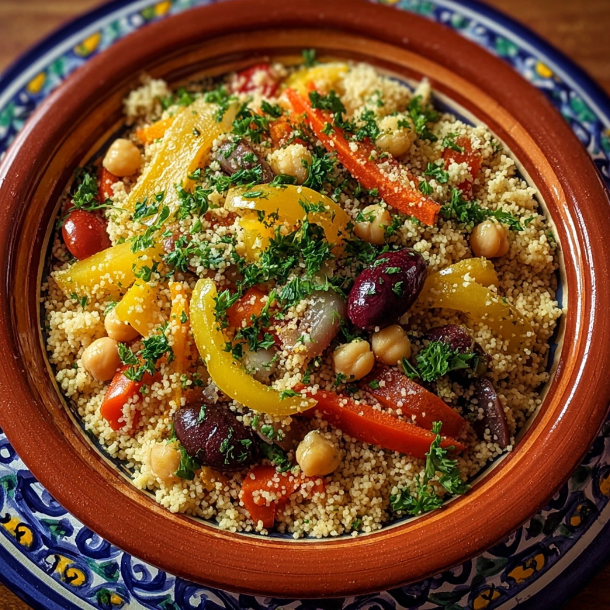 Colorful couscous recipe served in a traditional clay tagine dish, topped with chickpeas, bell peppers, olives, and fresh parsley. The couscous looks fluffy and vibrant with Mediterranean vegetables on a patterned ceramic plate.