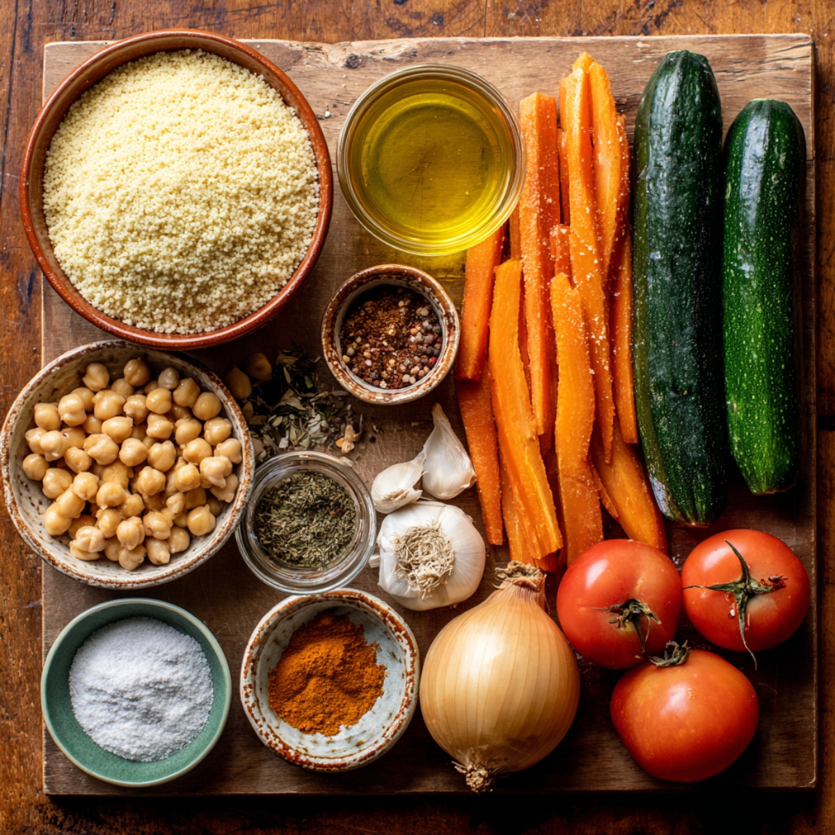 “Traditional Moroccan couscous platter with vegetables arranged around a mound of couscous, broth poured into center well