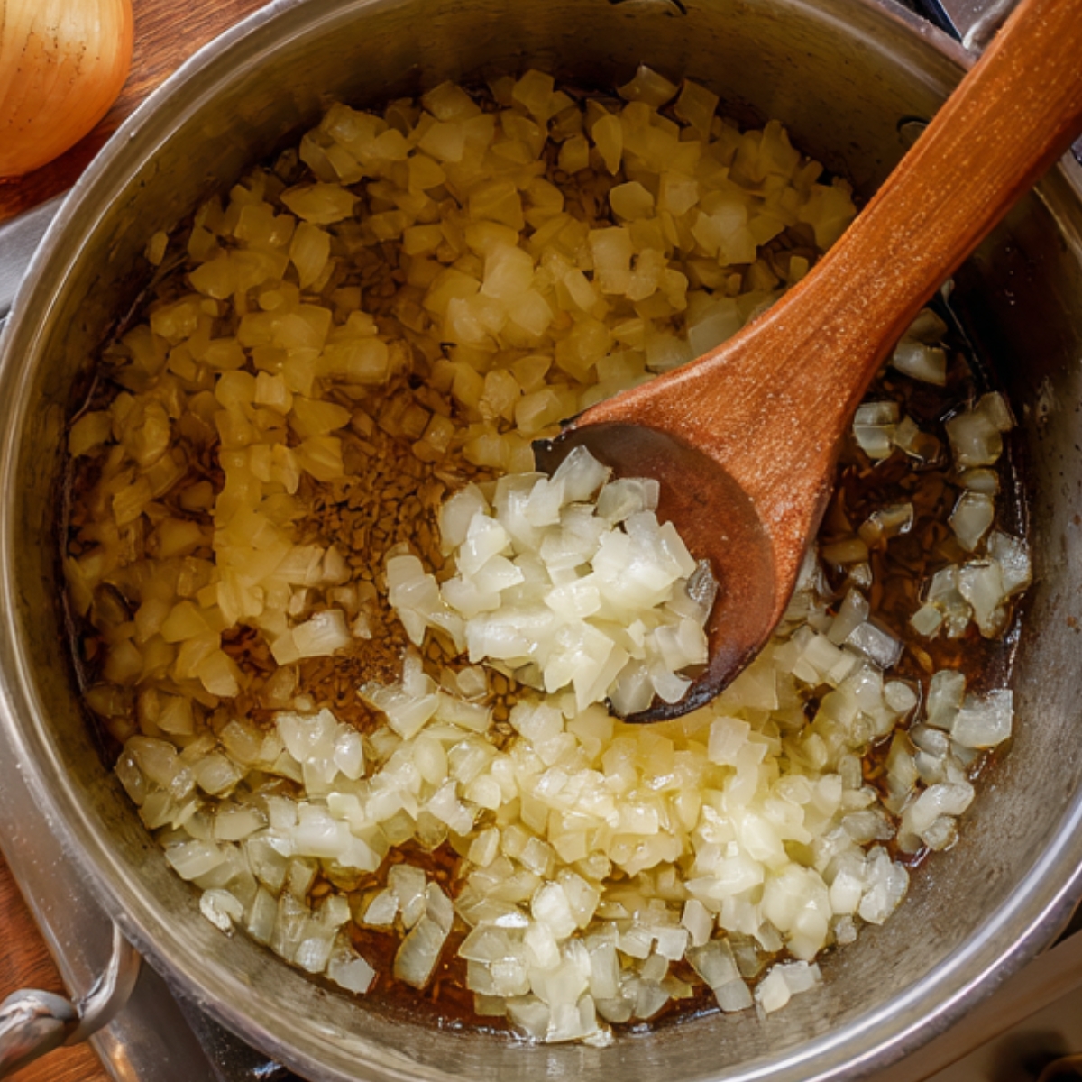 Pot of simmering Moroccan couscous vegetables — carrots, zucchini, chickpeas, and tomatoes cooking in golden spiced broth.”