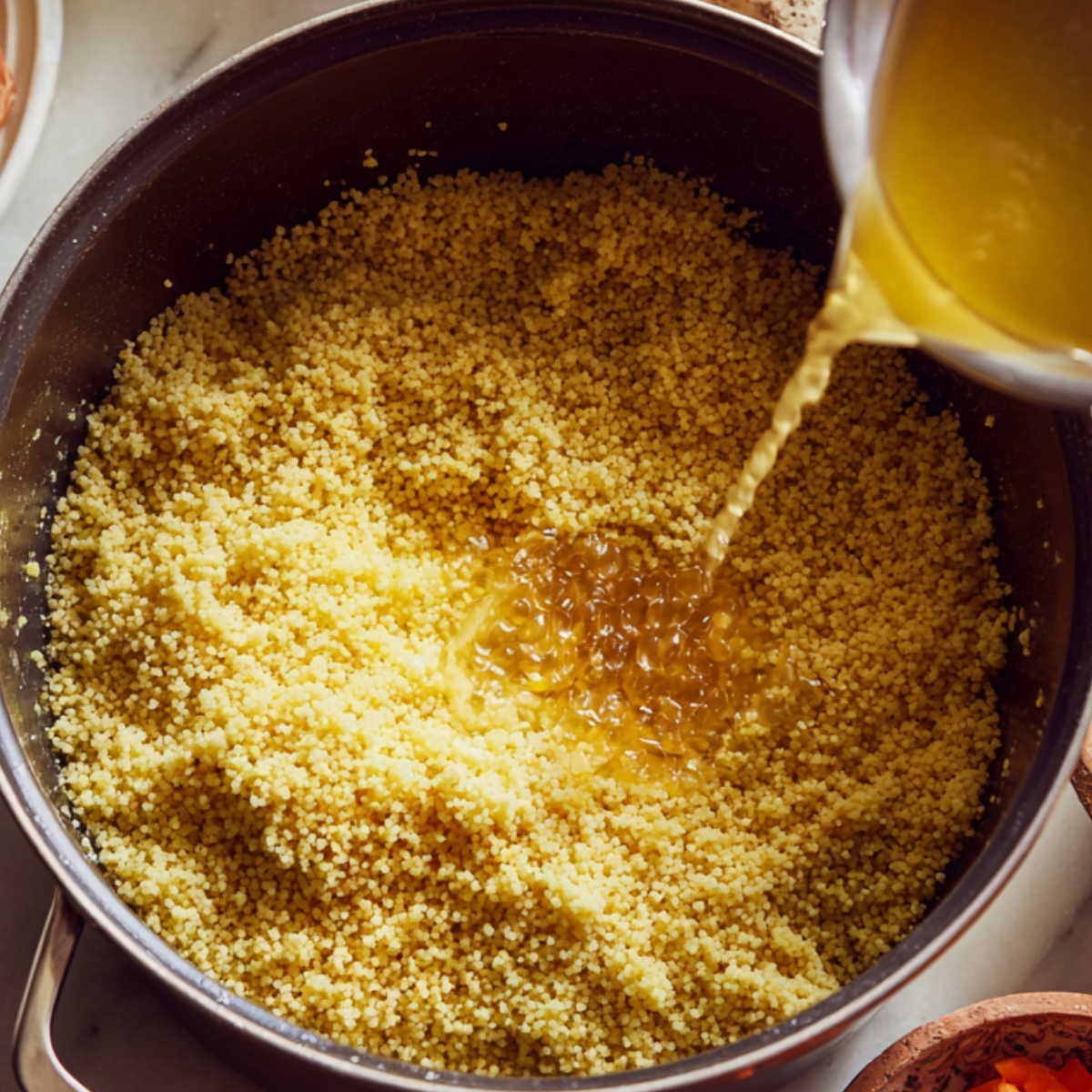 “couscous recipe ingredients including fresh parsley, chickpeas, raisins, dried apricots, harissa paste, and lemon wedges on a wooden platte