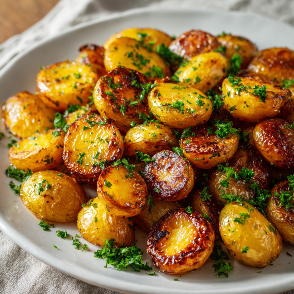 Crispy roasted petite gold potatoes with parsley on a white plate, golden brown and glistening with butter and olive oil.