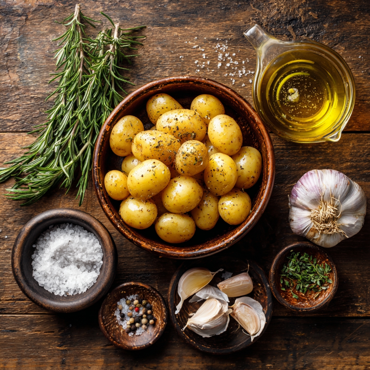 “Petite gold potatoes seasoned with olive oil, garlic, salt, pepper, and rosemary on a rustic wooden table, ready for roasting.”