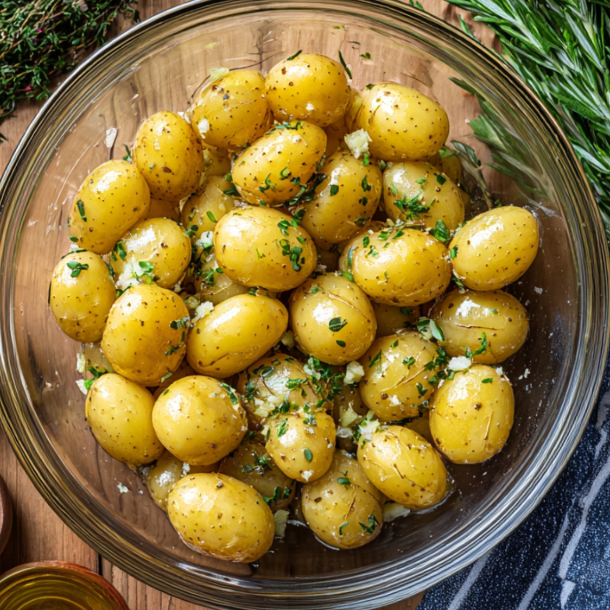 Fresh petite gold potatoes tossed with olive oil, minced garlic, rosemary, and thyme in a clear glass bowl before roasting.”