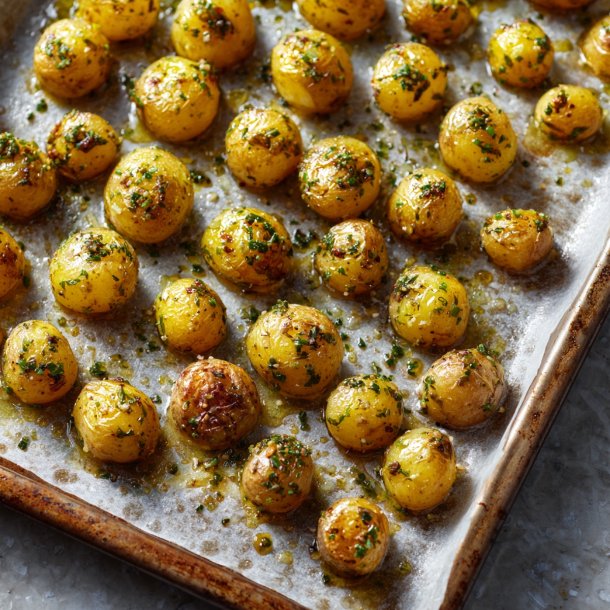 “Perfectly roasted petite gold potatoes spread evenly on a baking sheet, coated in olive oil and herbs for golden crisp texture.”