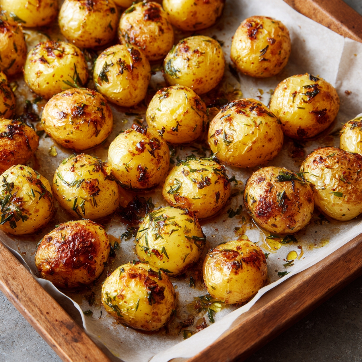 “Crispy roasted petite gold potatoes on a parchment-lined baking tray, glistening with olive oil, herbs, and golden brown edges.”
