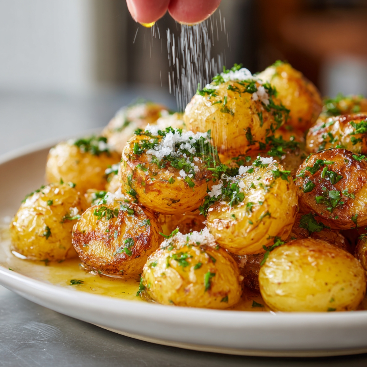 “Golden roasted petite potatoes topped with fresh parsley and sea salt, with a hand sprinkling salt for the final touch on a white serving plate.