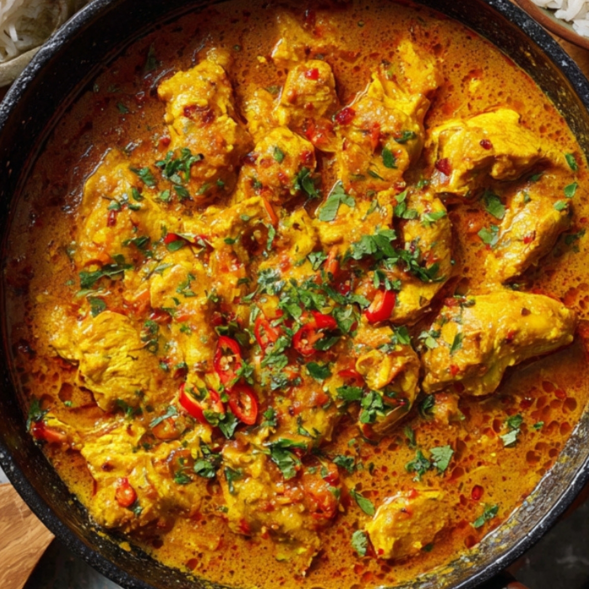 Creamy golden chicken curry simmering in a skillet, topped with sliced red chili and chopped cilantro, showing a rich and flavorful sauce.