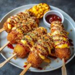 Finished Korean corn dogs on a plate drizzled with ketchup and mustard, topped with crispy breadcrumbs and served with dipping sauce.