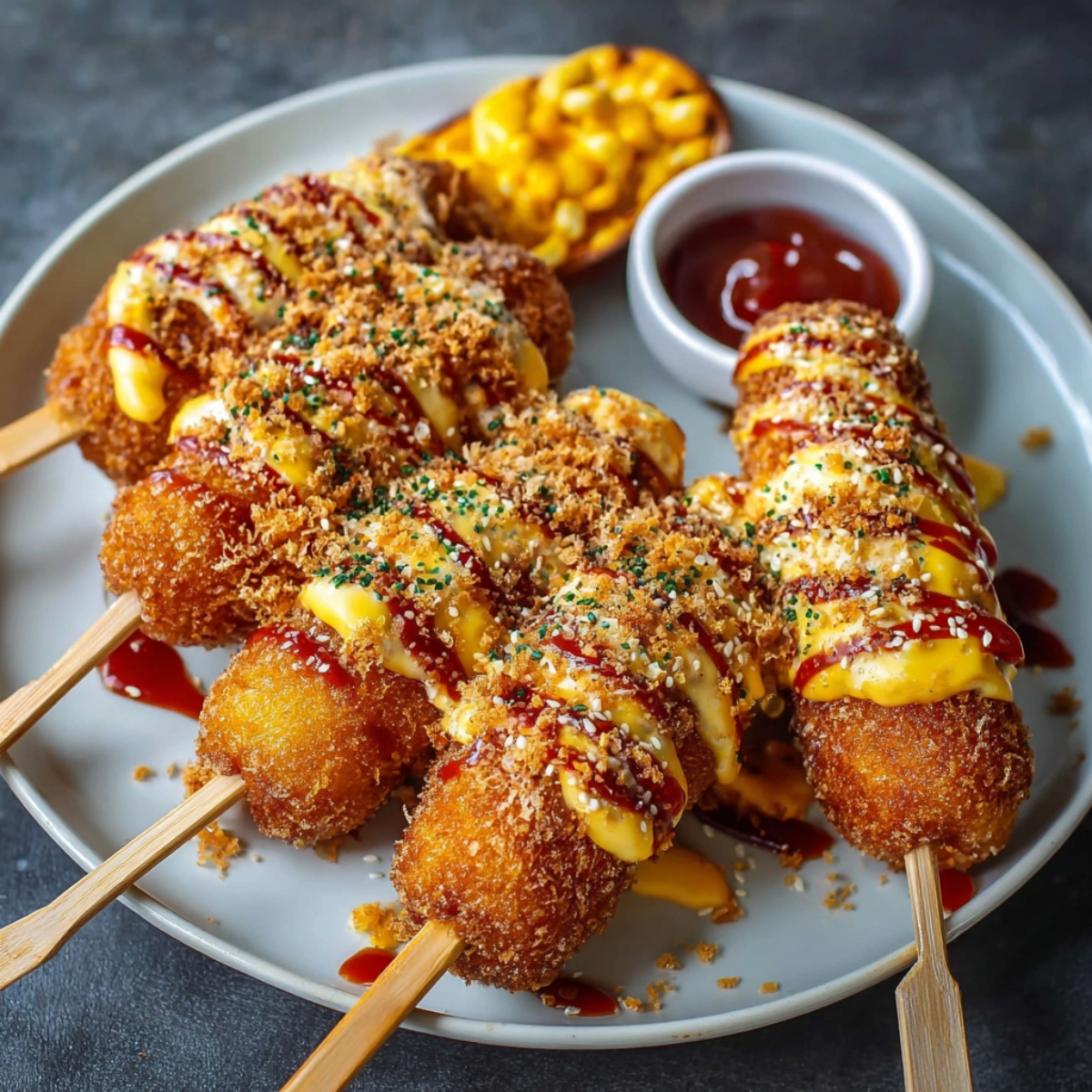 Finished Korean corn dogs on a plate drizzled with ketchup and mustard, topped with crispy breadcrumbs and served with dipping sauce.